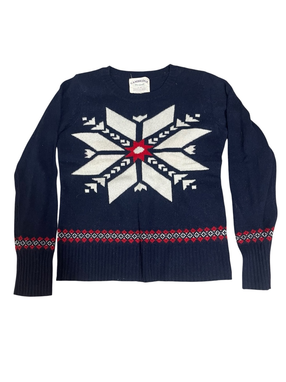 Cambridge Dry Goods Navy Lambswool Snowflake Fair Isle Long Sleeve Crew Sweater